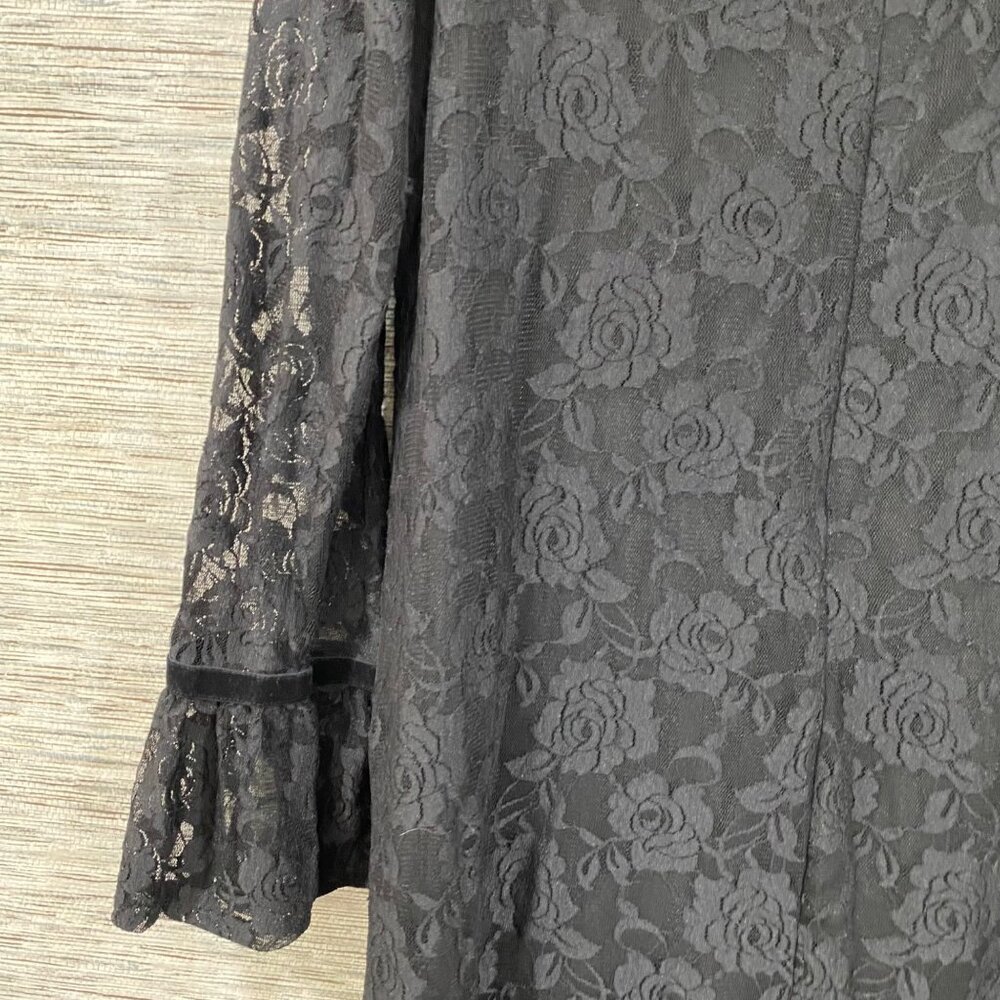 🖤Libby Edelman Lacey Black Floral Rose Pattern Dress Velvet Cuff Ties Keyhole N - Picture 5 of 6